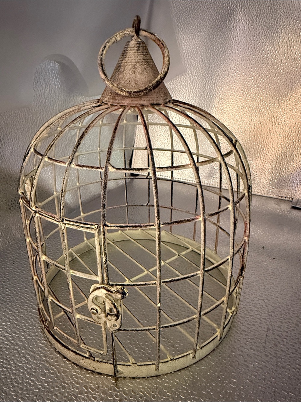 Vintage Style Distressed Cream Metal Birdcage Accent Piece